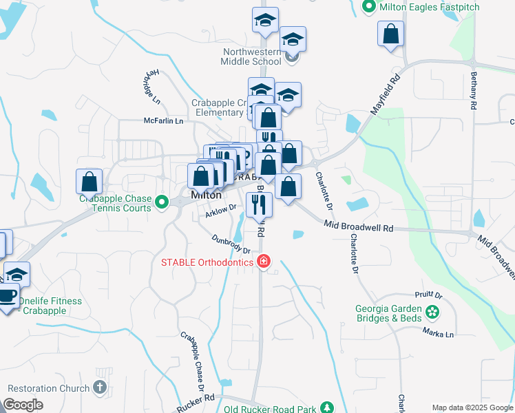 map of restaurants, bars, coffee shops, grocery stores, and more near 12590 Broadwell Road in Alpharetta