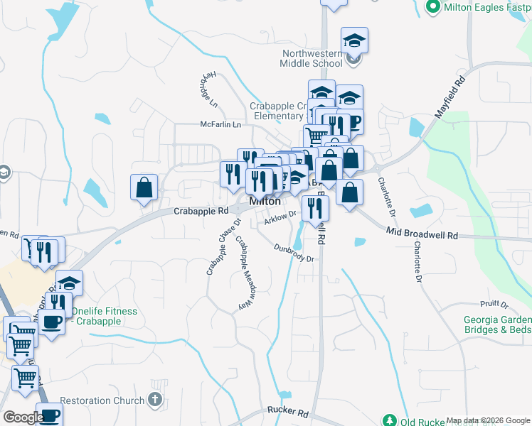 map of restaurants, bars, coffee shops, grocery stores, and more near 12610 Itaska Walk in Milton