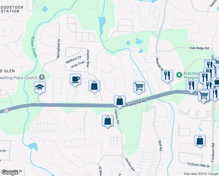 map of restaurants, bars, coffee shops, grocery stores, and more near 316 Creekbend Drive in Woodstock