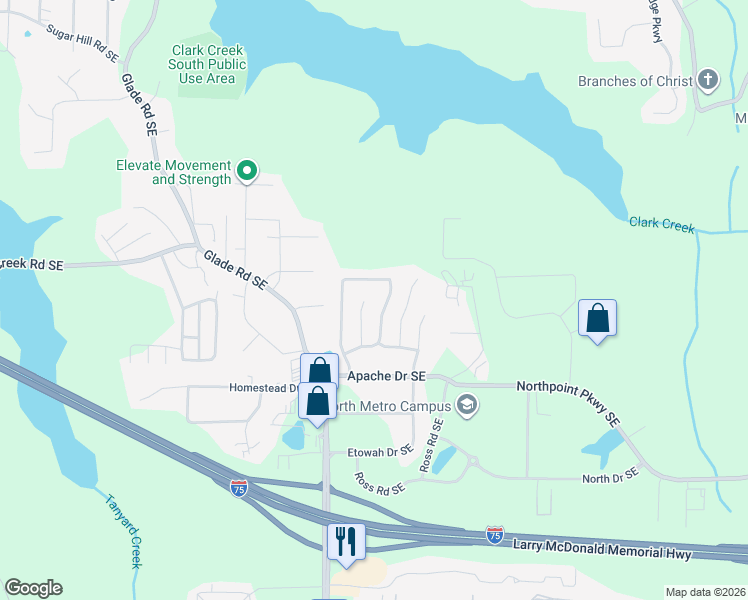 map of restaurants, bars, coffee shops, grocery stores, and more near 214 Kiowa Court Southeast in Acworth