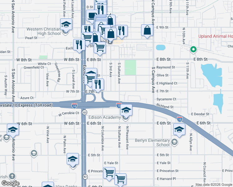 map of restaurants, bars, coffee shops, grocery stores, and more near 360 East 7th Street in Upland