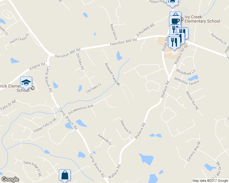 map of restaurants, bars, coffee shops, grocery stores, and more near 2900 Still Meadows Way in Buford