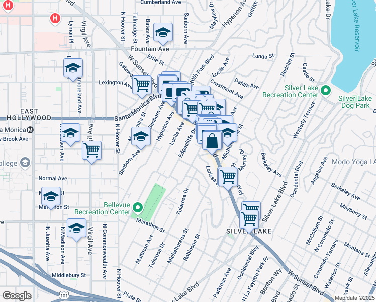 map of restaurants, bars, coffee shops, grocery stores, and more near in Los Angeles