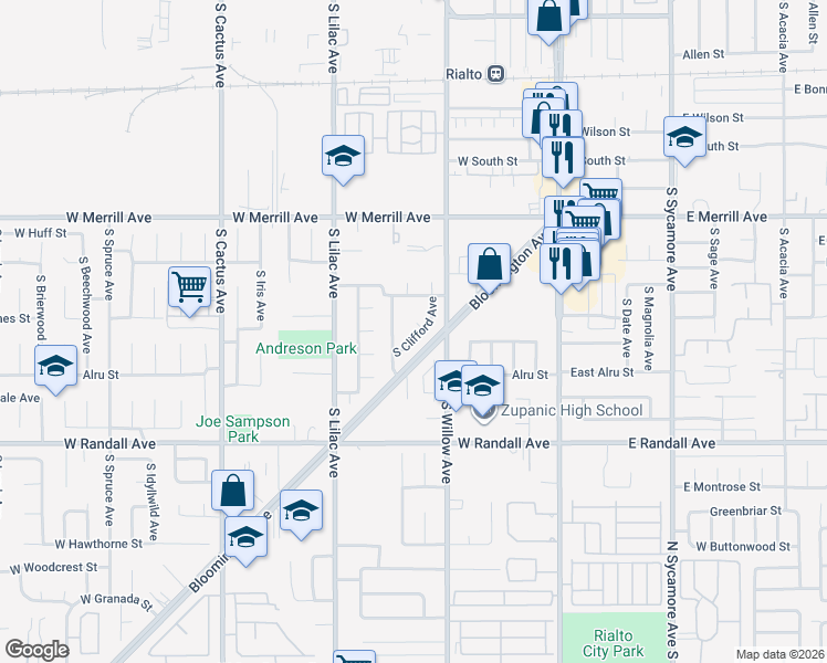 map of restaurants, bars, coffee shops, grocery stores, and more near 675 South Millard Avenue in Rialto