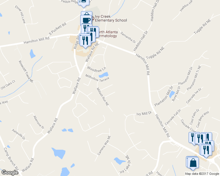map of restaurants, bars, coffee shops, grocery stores, and more near 3143 Milloak Court Northeast in Buford