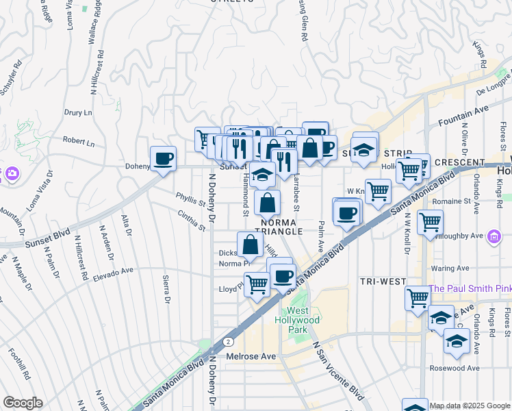 map of restaurants, bars, coffee shops, grocery stores, and more near 951 Hilldale Avenue in West Hollywood