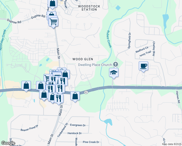 map of restaurants, bars, coffee shops, grocery stores, and more near 106 Meadow Street in Woodstock