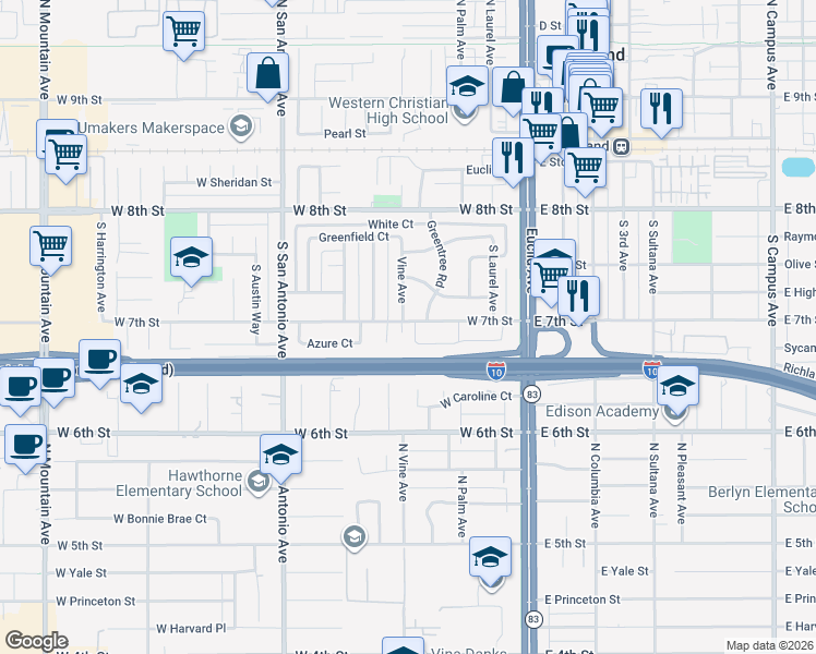 map of restaurants, bars, coffee shops, grocery stores, and more near 384 West Street in Upland