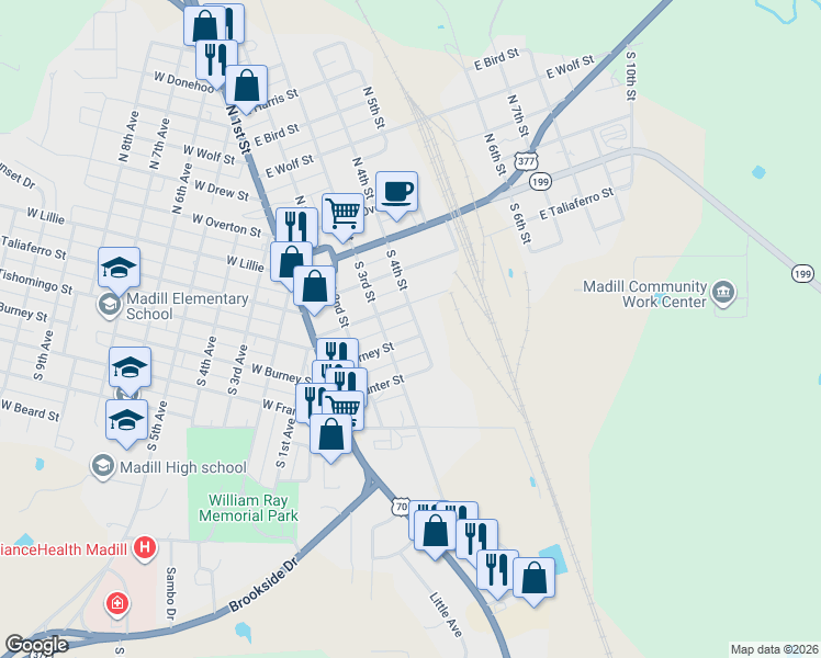 map of restaurants, bars, coffee shops, grocery stores, and more near 309 South 4th Street in Madill