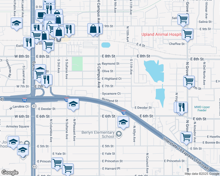 map of restaurants, bars, coffee shops, grocery stores, and more near 832 East 7th Street in Upland