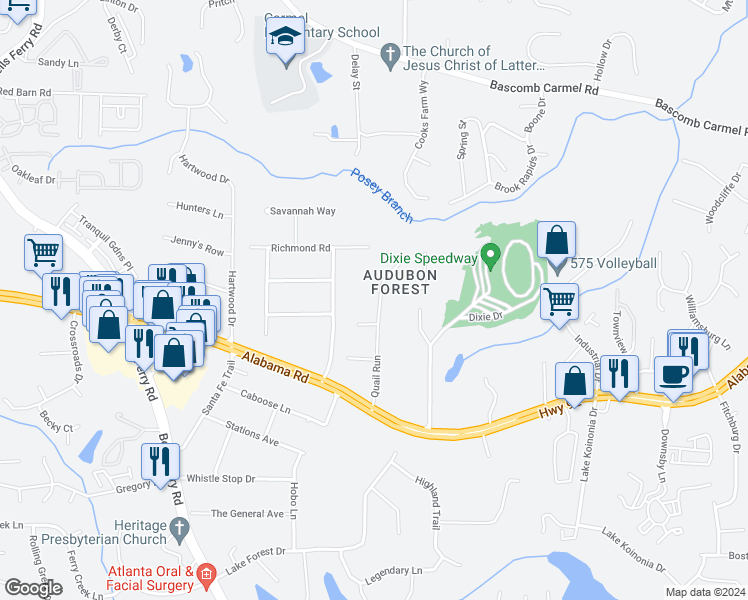 map of restaurants, bars, coffee shops, grocery stores, and more near 121 Quail Run in Woodstock