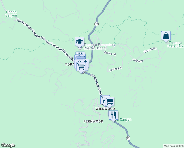 map of restaurants, bars, coffee shops, grocery stores, and more near 200 South Topanga Canyon Boulevard in Topanga