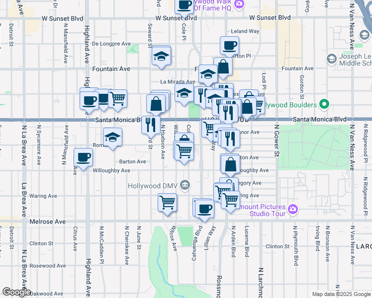 map of restaurants, bars, coffee shops, grocery stores, and more near 6415 Romaine Street in Los Angeles