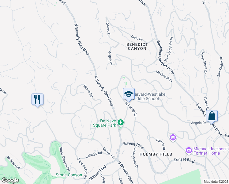 map of restaurants, bars, coffee shops, grocery stores, and more near 677 North Faring Road in Los Angeles