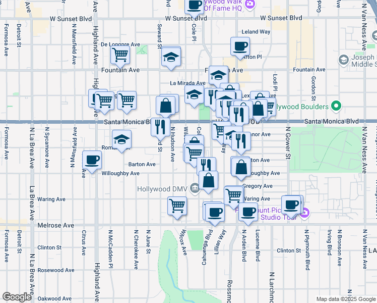 map of restaurants, bars, coffee shops, grocery stores, and more near 956 Wilcox Avenue in Los Angeles