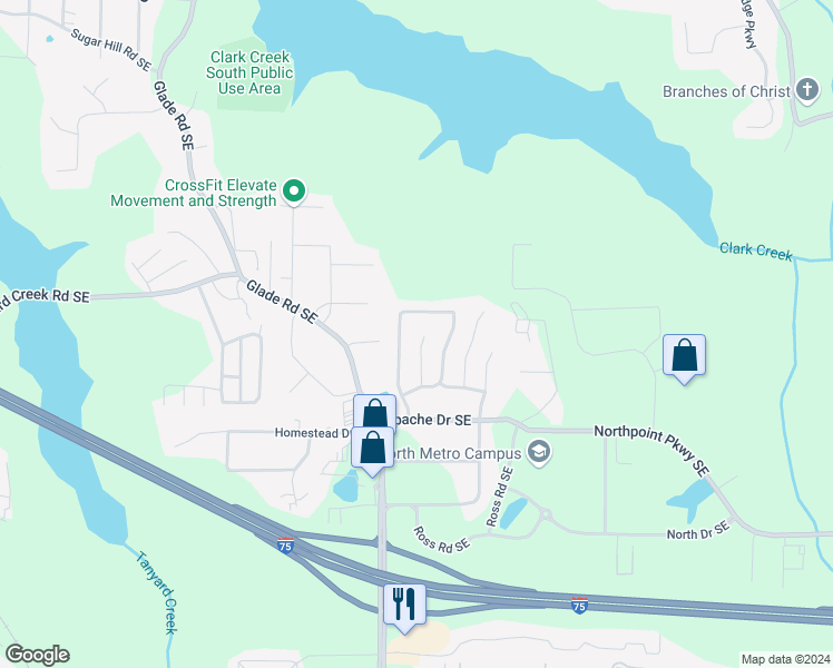 map of restaurants, bars, coffee shops, grocery stores, and more near 215 Kiowa Court Southeast in Acworth