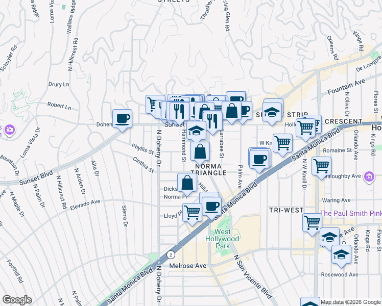 map of restaurants, bars, coffee shops, grocery stores, and more near 967 Hammond Street in West Hollywood