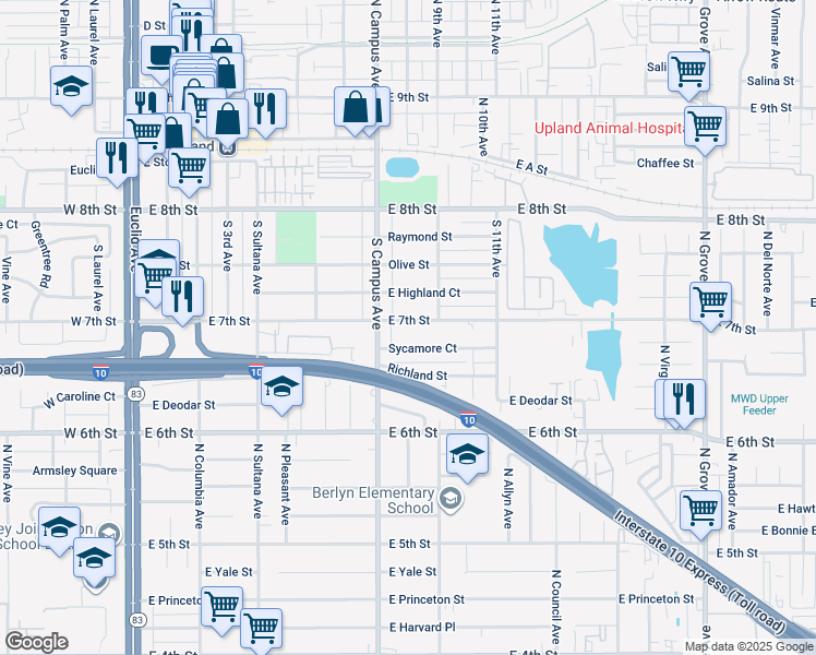 map of restaurants, bars, coffee shops, grocery stores, and more near 798 East 7th Street in Upland