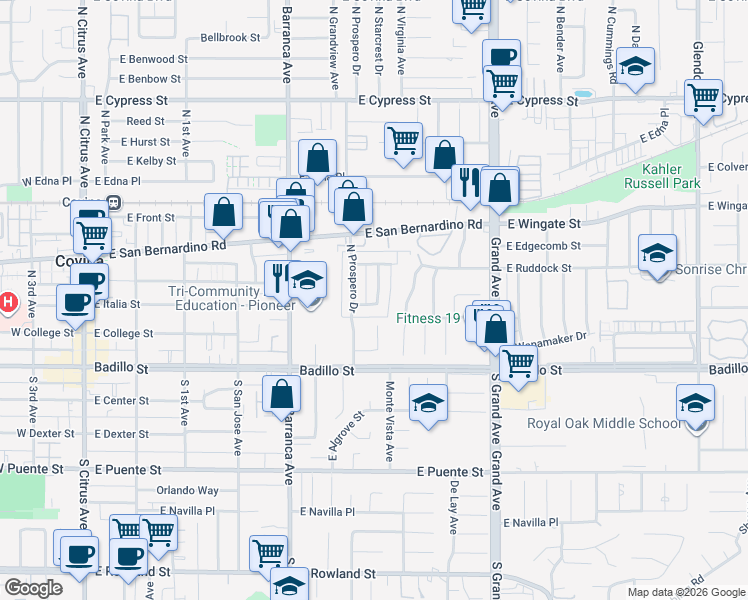 map of restaurants, bars, coffee shops, grocery stores, and more near 651 East Italia Street in Covina