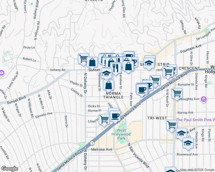 map of restaurants, bars, coffee shops, grocery stores, and more near 946 Hilldale Avenue in West Hollywood
