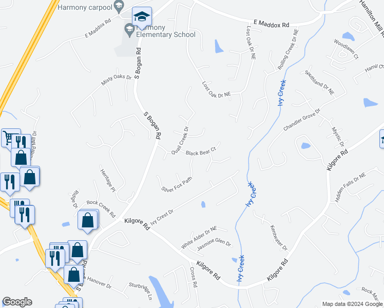 map of restaurants, bars, coffee shops, grocery stores, and more near 4679 Silver Fox Path in Buford