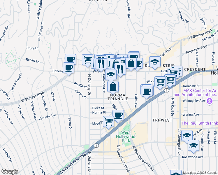 map of restaurants, bars, coffee shops, grocery stores, and more near 945 Hilldale Avenue in West Hollywood