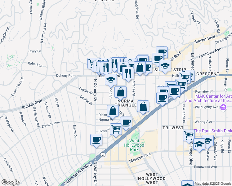 map of restaurants, bars, coffee shops, grocery stores, and more near 945 Hilldale Avenue in West Hollywood