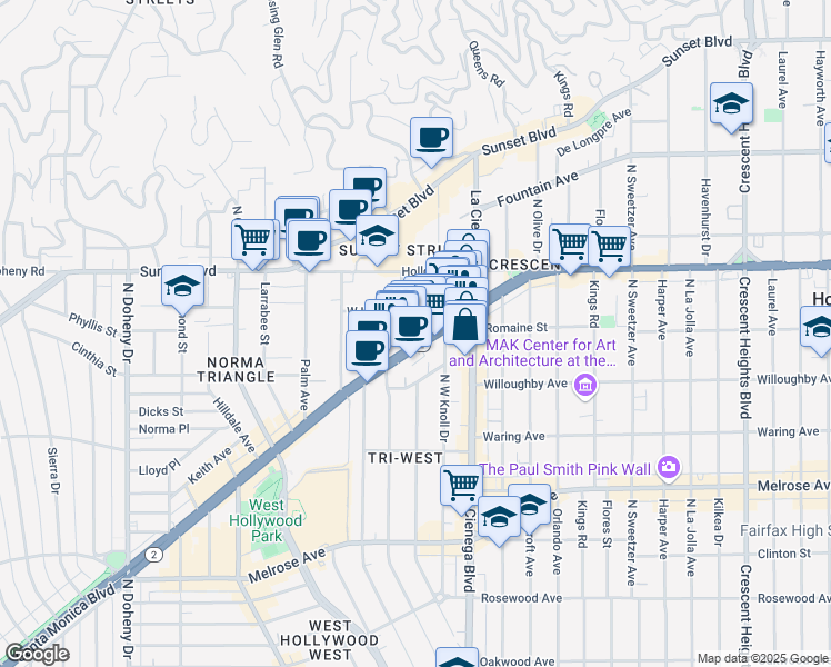 map of restaurants, bars, coffee shops, grocery stores, and more near 8550 Santa Monica Boulevard in West Hollywood