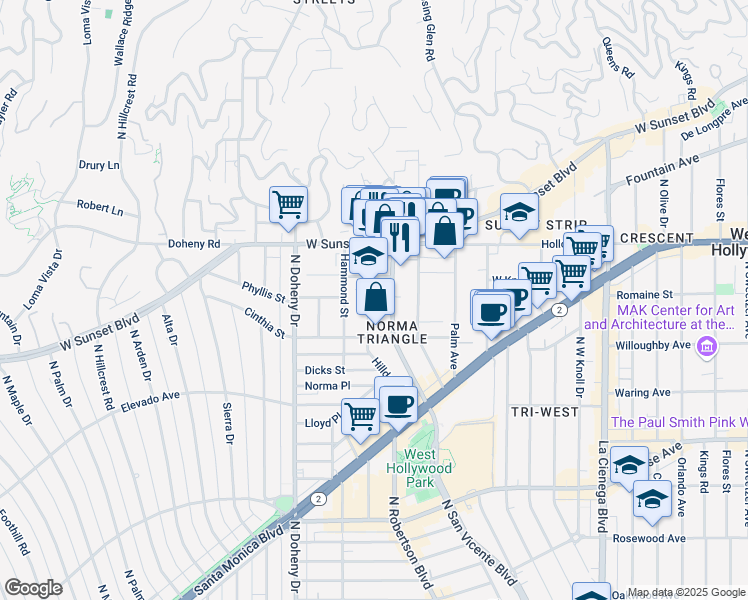 map of restaurants, bars, coffee shops, grocery stores, and more near 946 Hilldale Avenue in West Hollywood