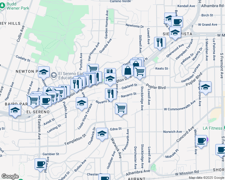 map of restaurants, bars, coffee shops, grocery stores, and more near Oakland Street in Los Angeles