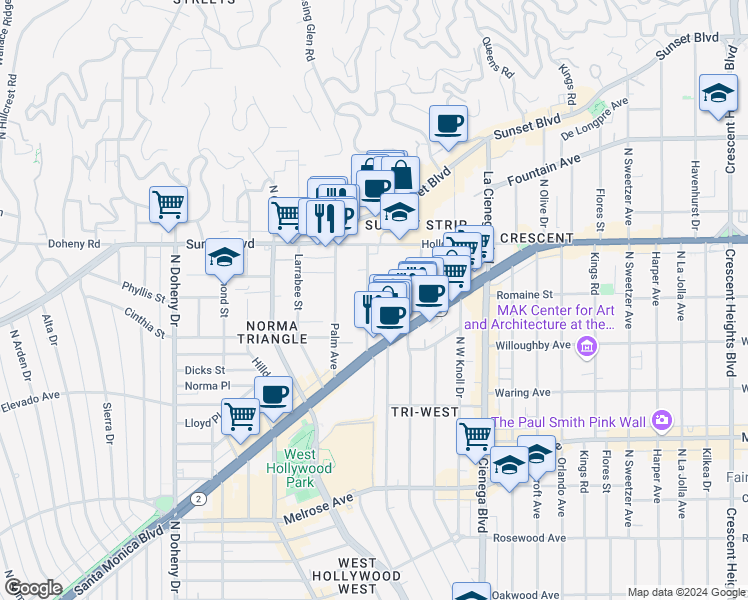 map of restaurants, bars, coffee shops, grocery stores, and more near 964 Hancock Avenue in West Hollywood