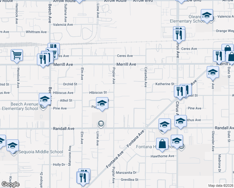 map of restaurants, bars, coffee shops, grocery stores, and more near 9085 Poplar Avenue in Fontana