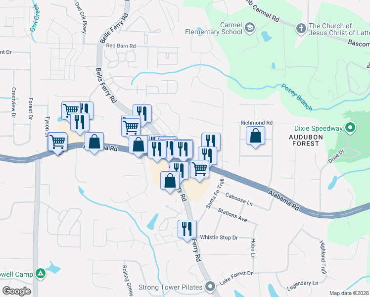 map of restaurants, bars, coffee shops, grocery stores, and more near 6761 Hwy 92 in Woodstock