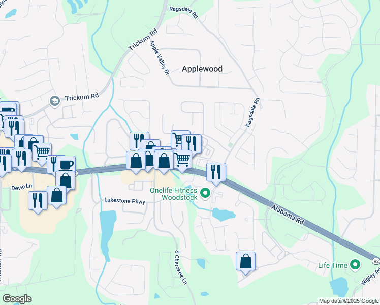 map of restaurants, bars, coffee shops, grocery stores, and more near 106 Weatherstone Square Drive in Woodstock