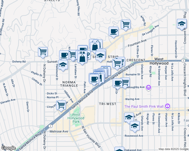 map of restaurants, bars, coffee shops, grocery stores, and more near 964 Hancock Avenue in West Hollywood