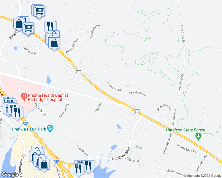 map of restaurants, bars, coffee shops, grocery stores, and more near 2 Hollyhock Court in Columbia