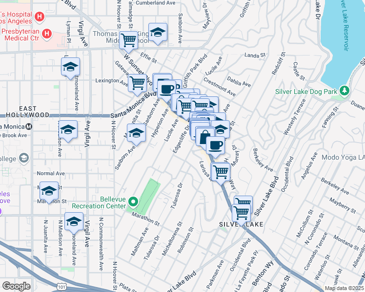 map of restaurants, bars, coffee shops, grocery stores, and more near 1394 Edgecliffe Drive in Los Angeles