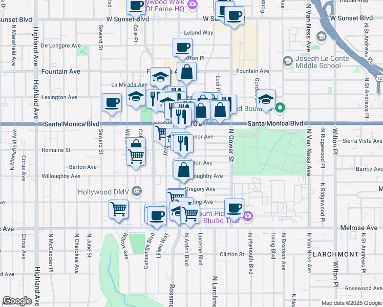 map of restaurants, bars, coffee shops, grocery stores, and more near 6132 Romaine Street in Los Angeles