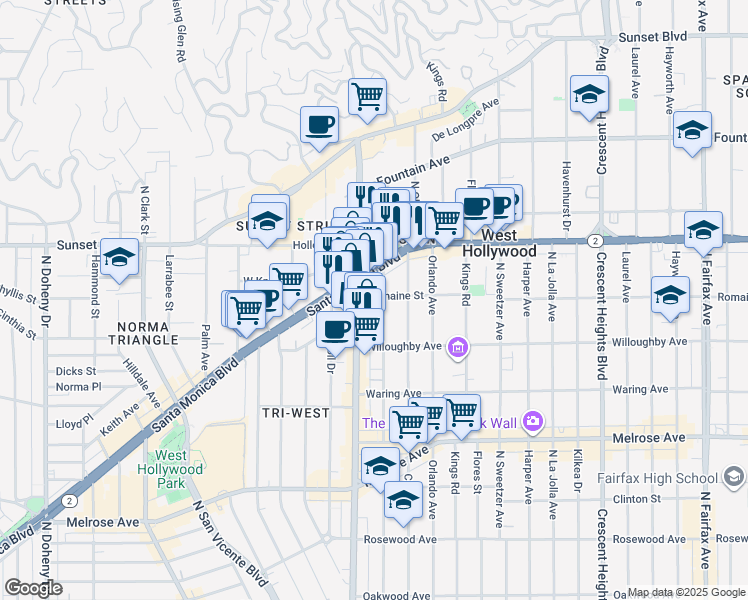 map of restaurants, bars, coffee shops, grocery stores, and more near 8474 Romaine Street in West Hollywood