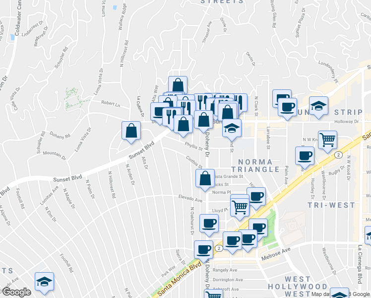 map of restaurants, bars, coffee shops, grocery stores, and more near 813 Cinthia Street in Beverly Hills