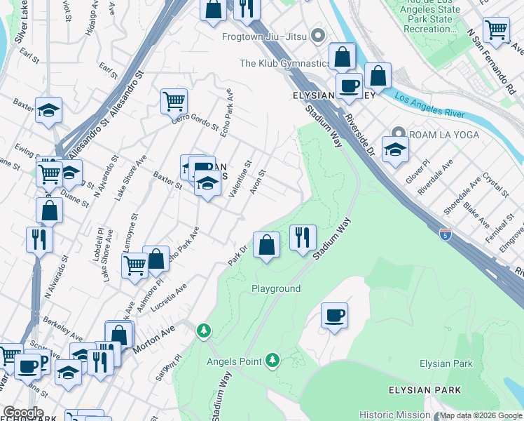 map of restaurants, bars, coffee shops, grocery stores, and more near Avon Street in Los Angeles