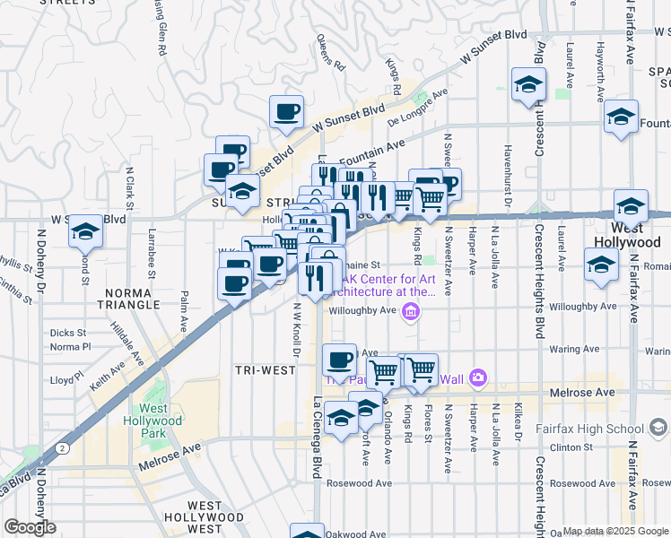 map of restaurants, bars, coffee shops, grocery stores, and more near 8474 Romaine Street in West Hollywood