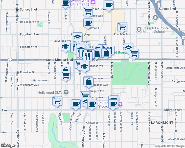 map of restaurants, bars, coffee shops, grocery stores, and more near 6132 Romaine Street in Los Angeles