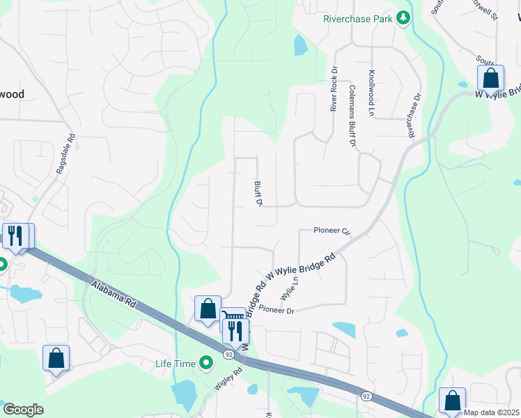 map of restaurants, bars, coffee shops, grocery stores, and more near 611 Bluff Drive in Woodstock