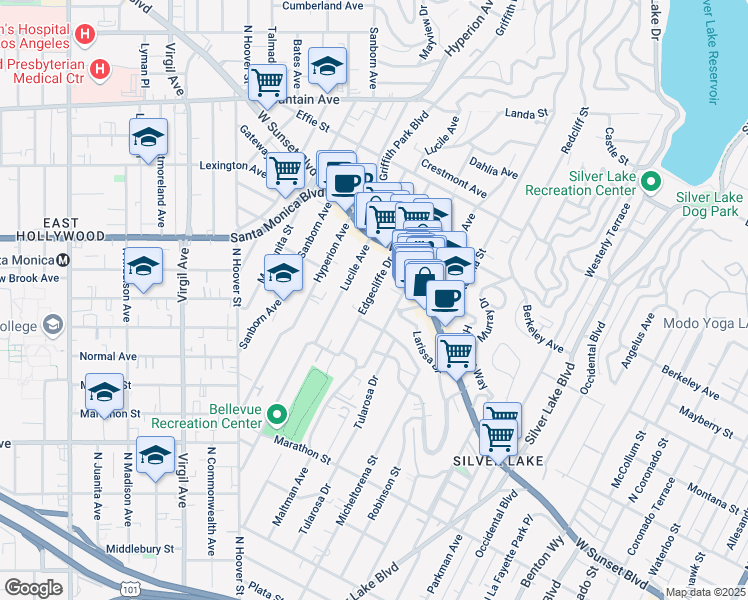 map of restaurants, bars, coffee shops, grocery stores, and more near 1409 Maltman Avenue in Los Angeles