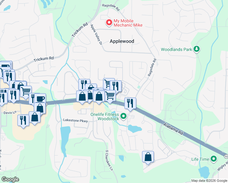 map of restaurants, bars, coffee shops, grocery stores, and more near 142 Weatherstone Square Drive in Woodstock