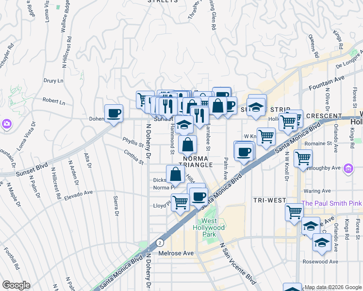 map of restaurants, bars, coffee shops, grocery stores, and more near 951 Hilldale Avenue in West Hollywood