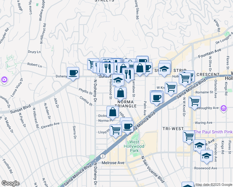 map of restaurants, bars, coffee shops, grocery stores, and more near 967 Hammond Street in West Hollywood