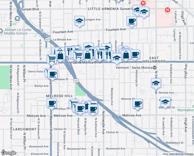 map of restaurants, bars, coffee shops, grocery stores, and more near 1011 North Ardmore Avenue in Los Angeles