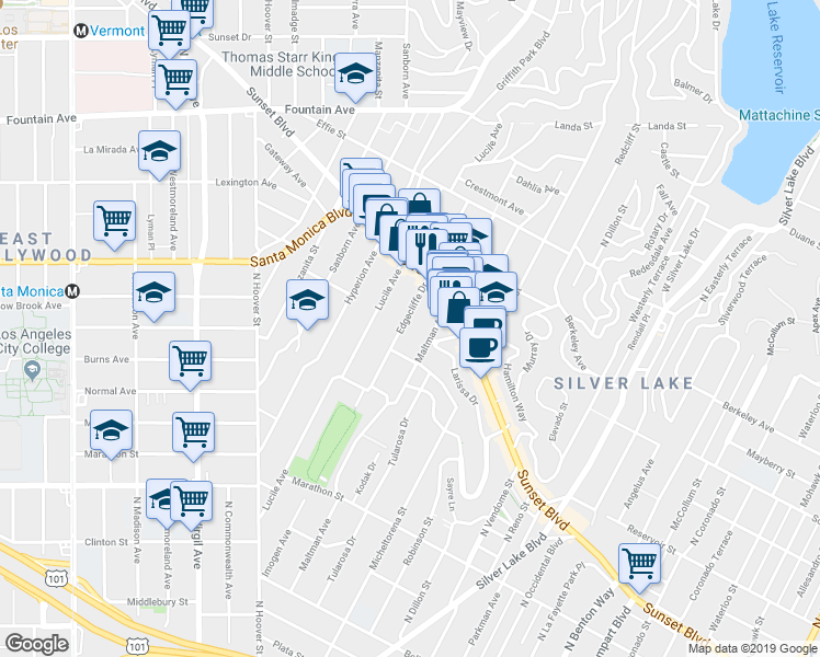 map of restaurants, bars, coffee shops, grocery stores, and more near 1394 Edgecliffe Drive in Los Angeles